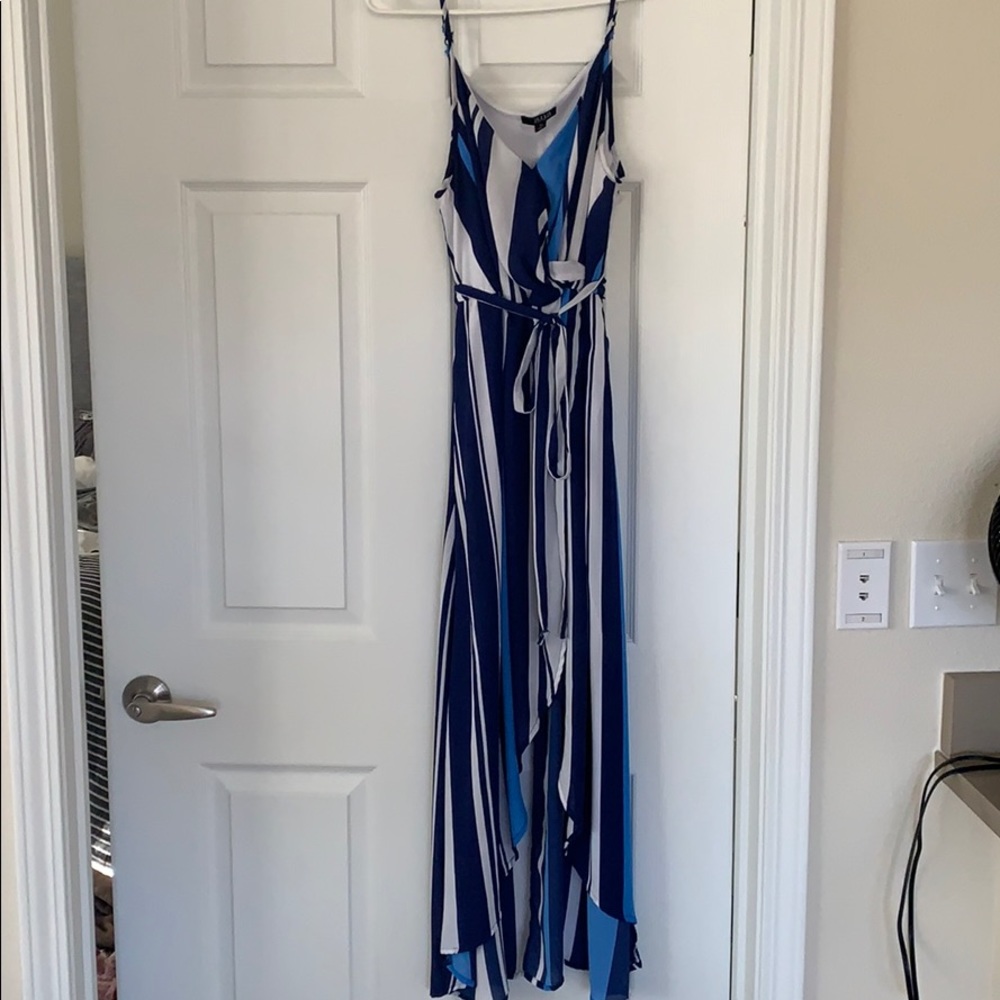 Wrap Hi Lo Blue and White Striped Dress